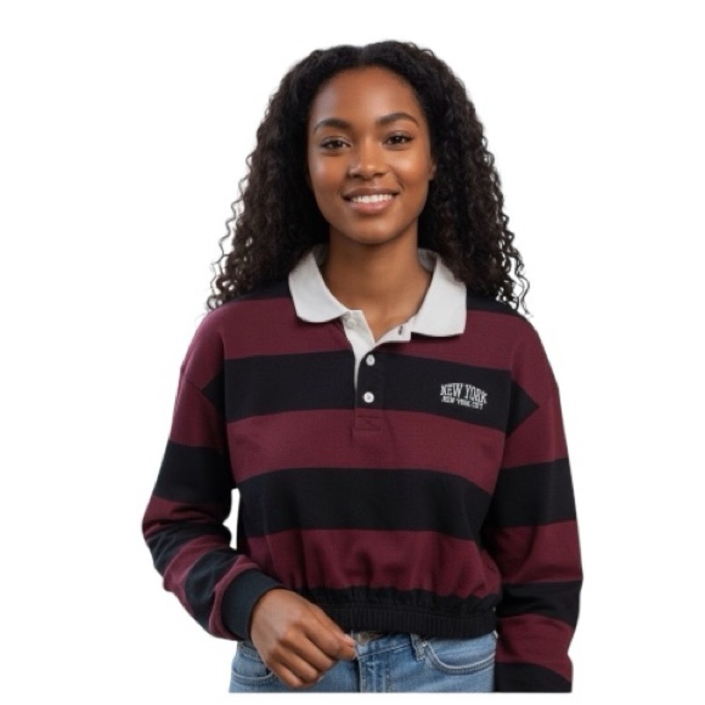 Forever 21 Red and Navy Striped Cropped Top with White Collar-Store Closed.